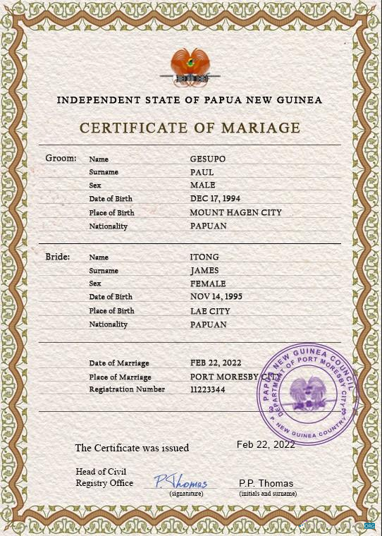 Download Papua New Guinea marriage certificate PSD template Photoshop template